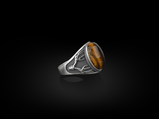 Tiger Eye Gemstone Silver Wedding Men Ring, Skull Ram Head Signet Man Aries Men's Husband Gift Ring