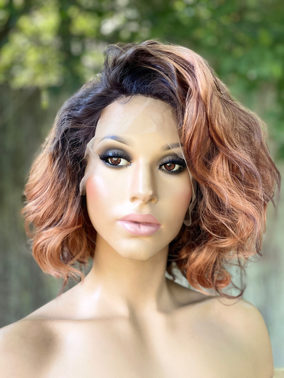 Human Hair Blend Wig Auburn Copper Wig Ginger Short Curly Hair 10" Ombre 13x5" Swiss Lace Front Wig, Hd Free Parting