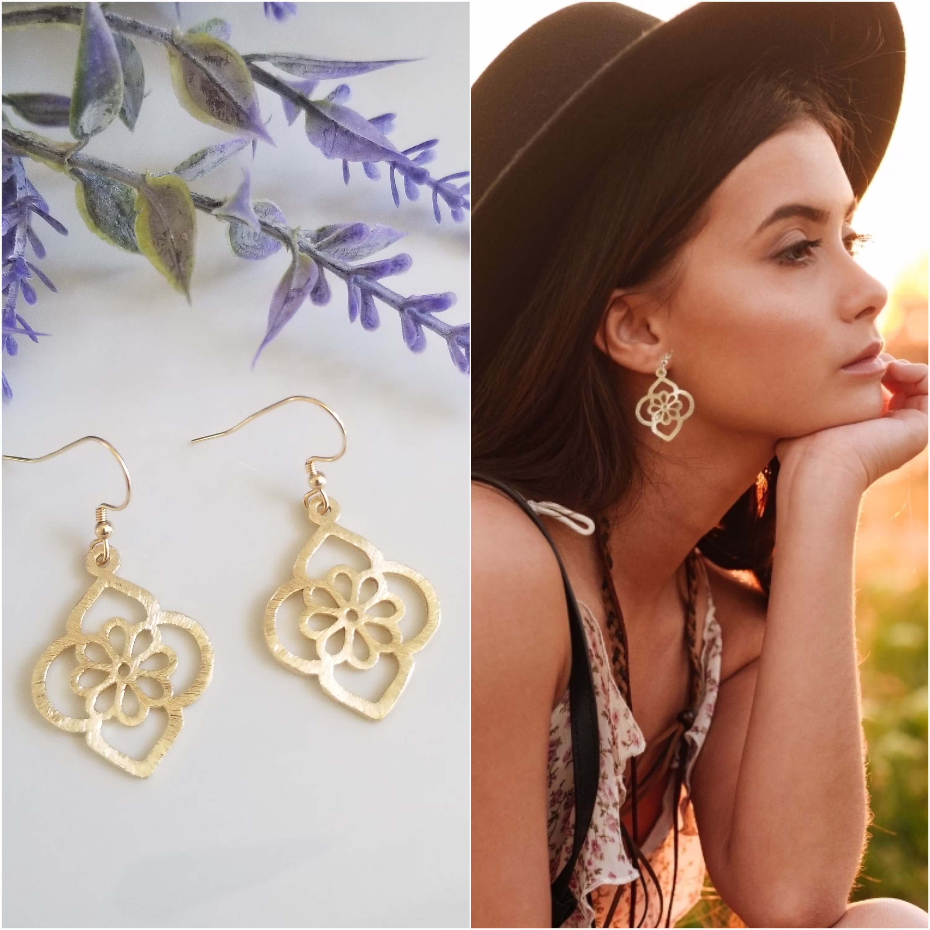 Bohemian Gold Medallion Earrings, Brushed Floral Design Gift For Her, Boho Flower Earrings