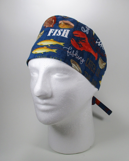 Seafood Lovers Paradise On Navy Summer Novelty Men's Tie Back Or Women's Euro Style Surgical Scrub Cap/Cooks Hat