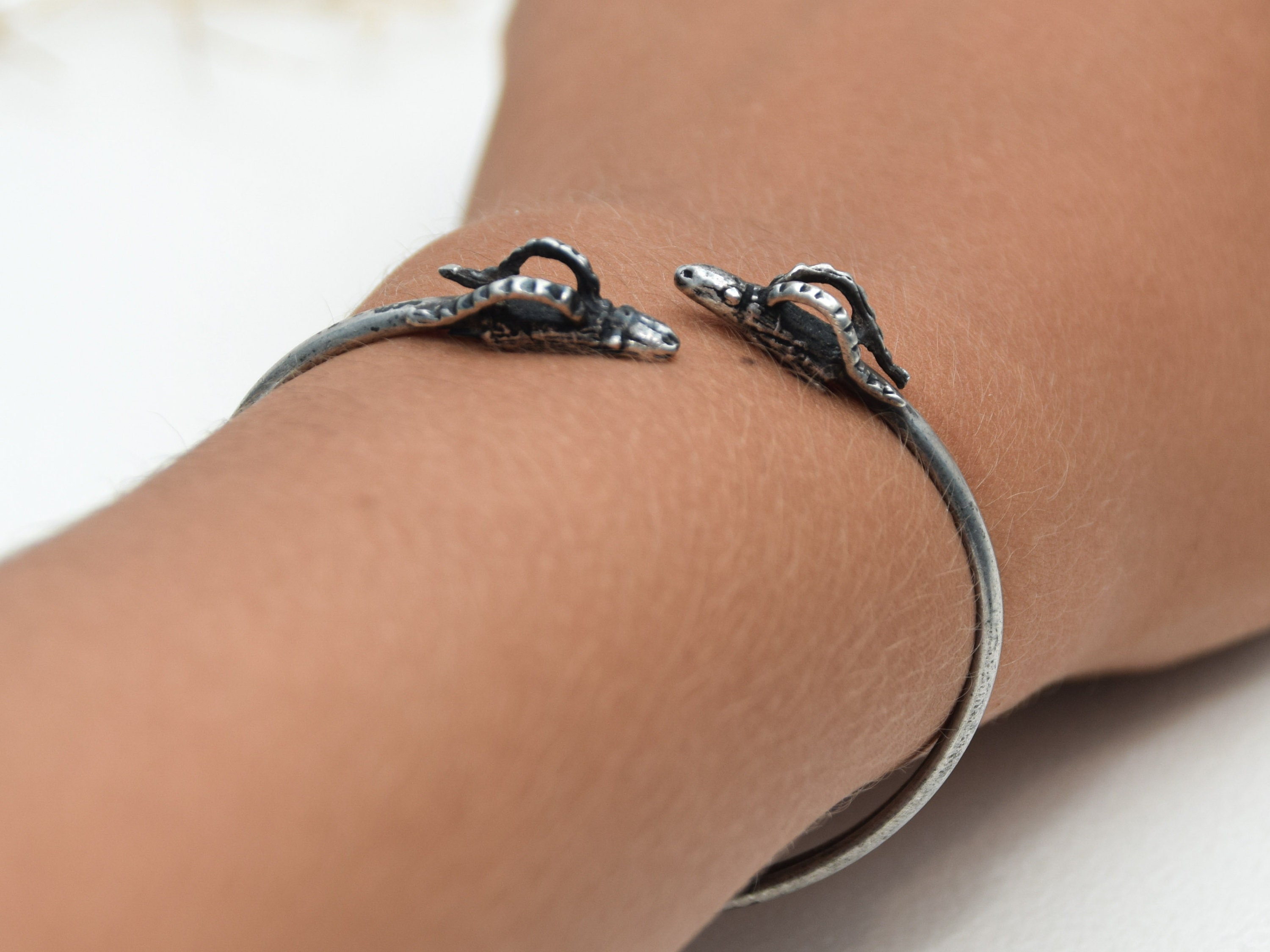 Ancient Greek Ram Silver Bracelet, Sterling Cuff, Costume Mythology, Thin Arm Vintage Bangle Gift