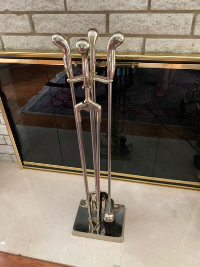 Modernist Chrome Fireplace Tools By Nancy Rueben Virginia Metalcrafters/ Contemporary Set 4 Pieces With Stand