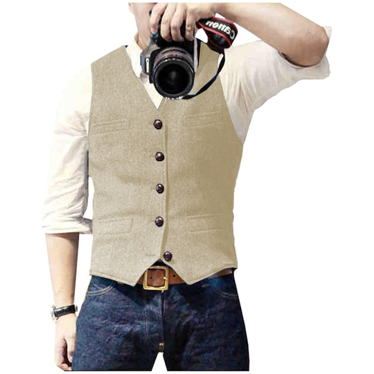 Men's Suit Vest Blue Single Breasted Woolen Blended Mens Vest Denim Jeans Waistcoat Jacket Slim Fit Casual Formal Business - champagne, l