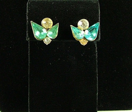 Aquamarine & Clear Rhinestone Screw Back Earrings