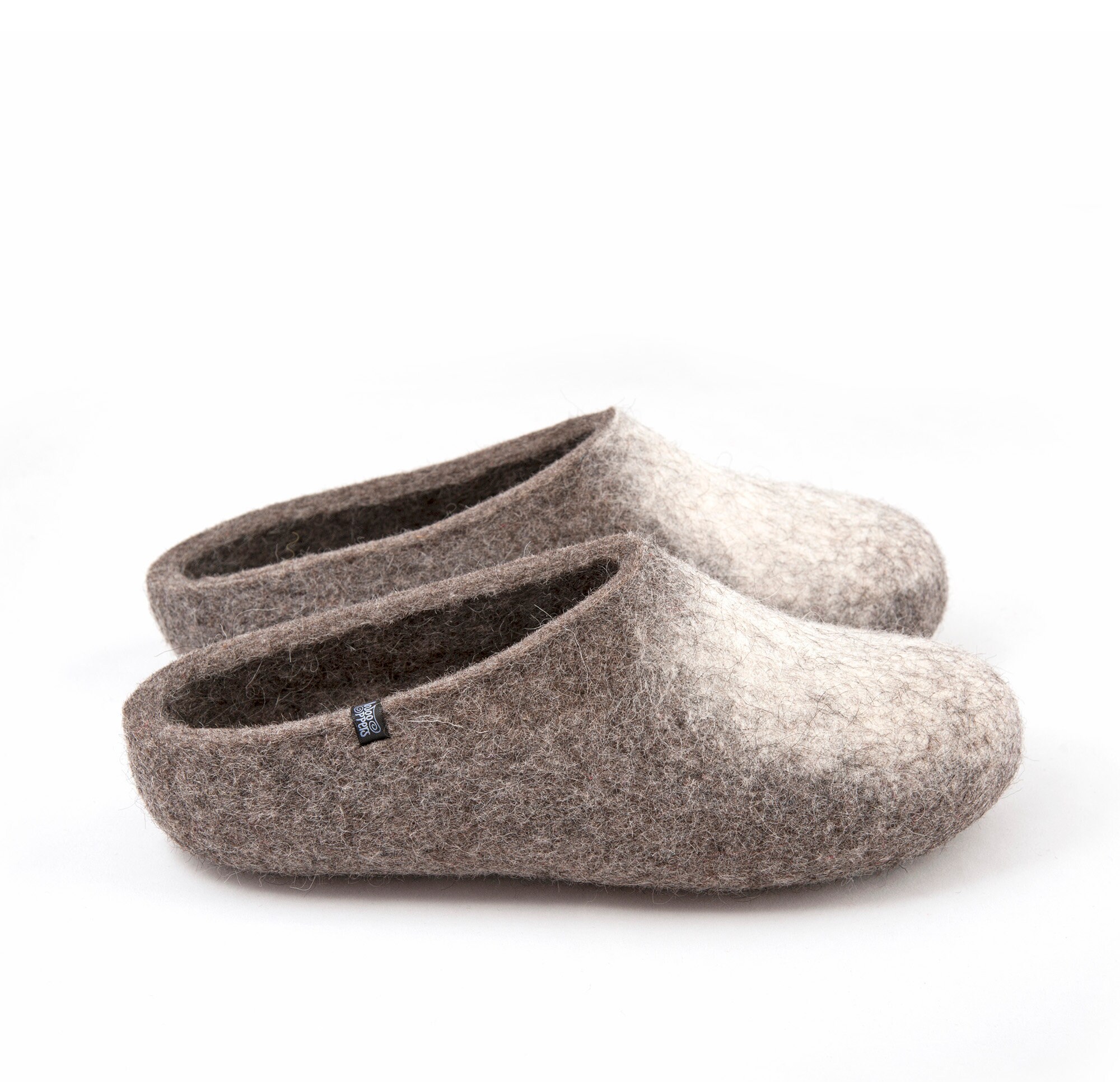 Felted Wool Slippers For Men, Mules Slippers, Natural Organic Gray & White Wool, Extra Thick On The Sole