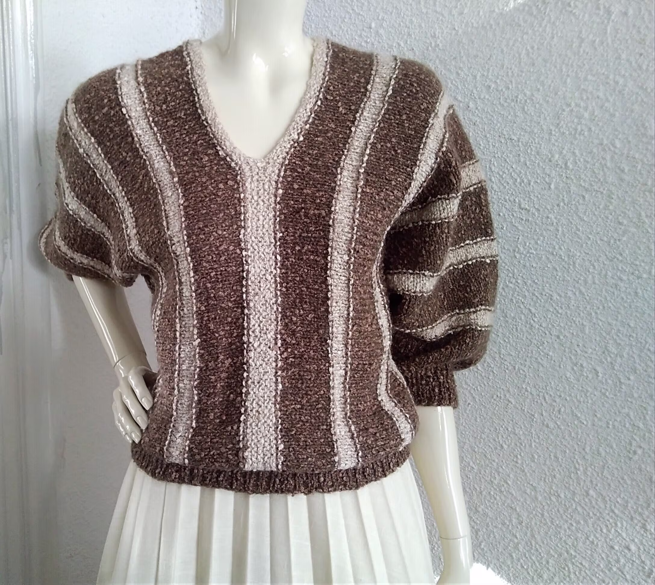 70S Retro Striped Sweater Dolman Sleeve Feminine Color Block Handknitted V-Shape Spring Batwing Pop-Art Boucle Short