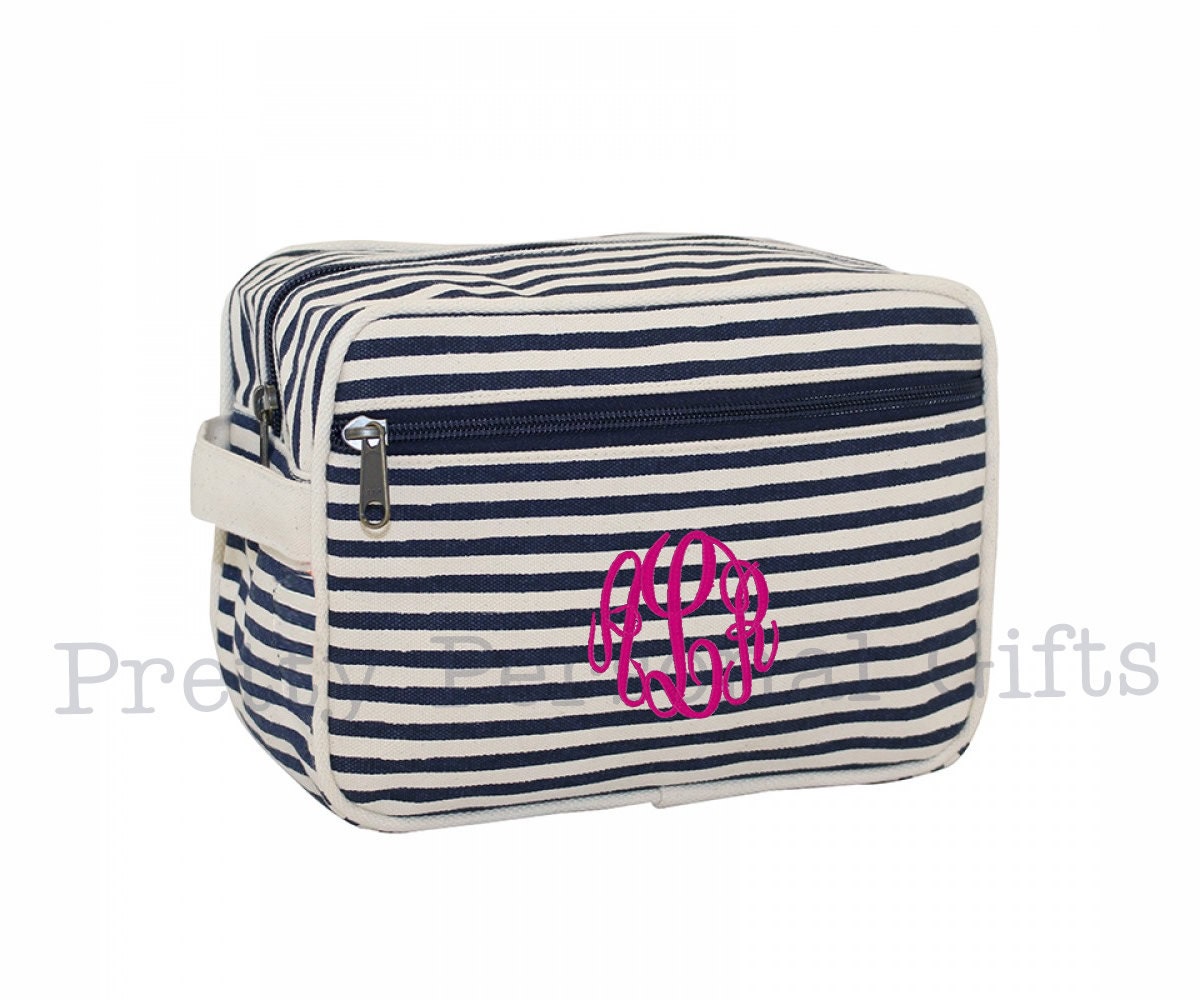 Navy Striped Toiletry Case - Bag With Monogram, Monogram Case, Monogrammed Dopp Kit