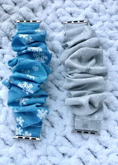 Apple Watch Band | Gray/Blue Snowflakes Cotton Great As Christmas Gifts 38/40/41mm & 42/44/45mm Size Chunkie Scrunchie