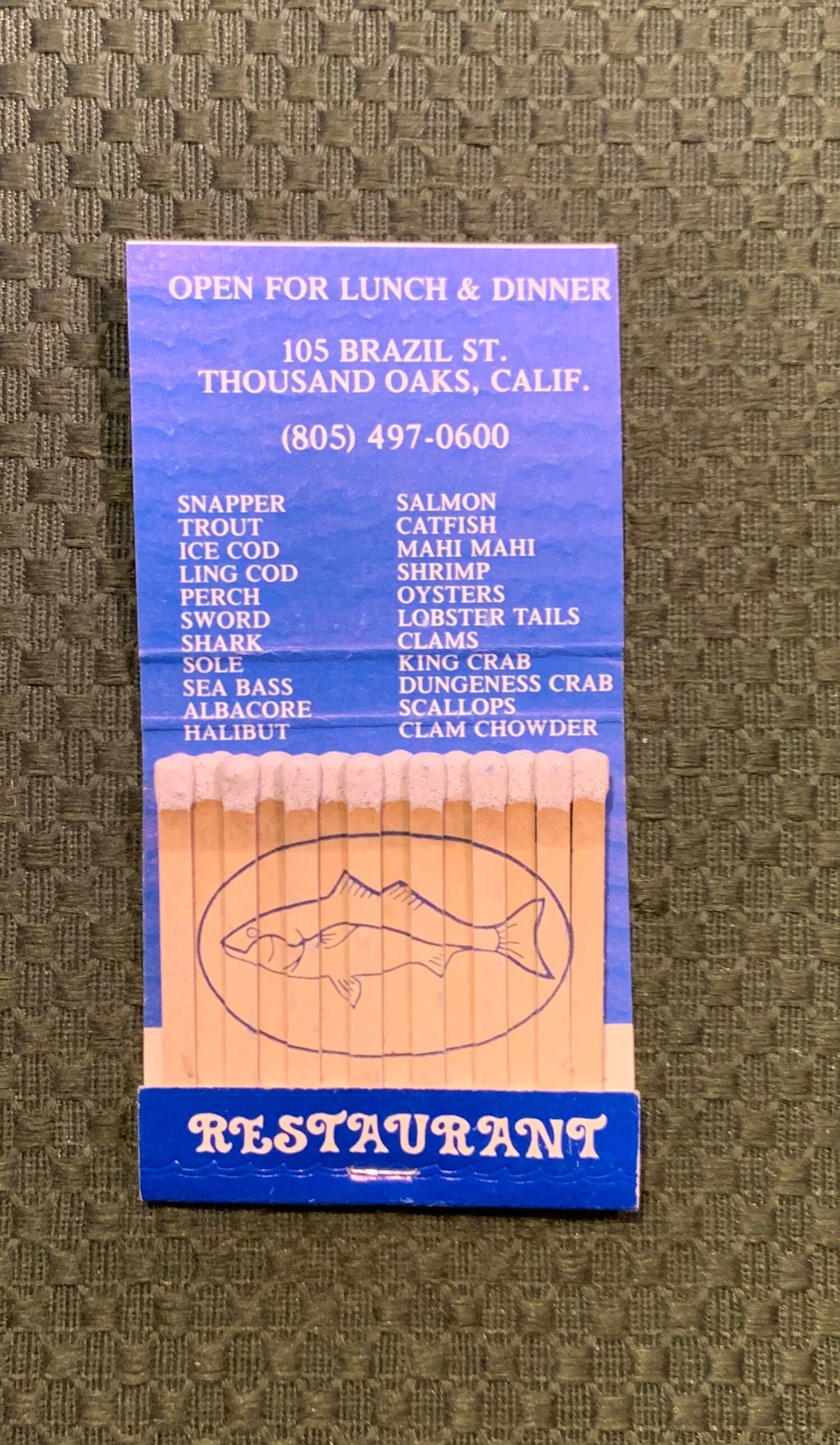 Vintage Matchbook, Bodega Bay, Seafood, Restaurant, Feature Thousand Oaks, California, with 28 Printed Matches, Free Ship in Usa