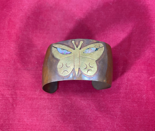 Vintage-Cuff-Bracelet-Bronze-Butterfly-Abalone Shells-Mexico-Jewelry-Accessories