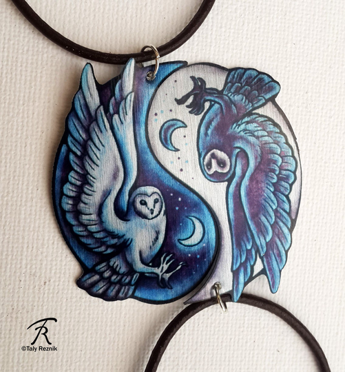 Black White Yin Yang Barn Owl Bird Spiritual Duality Pair Bond Friendship Love Couple Valentine Metal Necklace Pendant