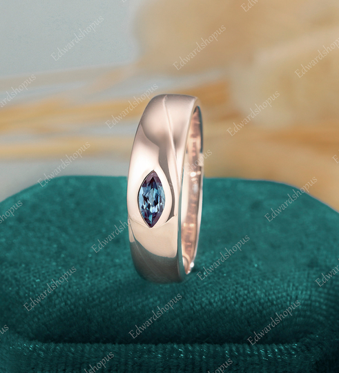 Men Wedding Band Vintage Alexandrite Marquise Cut Rose Gold Match Stacking Gift For Her Anniversary
