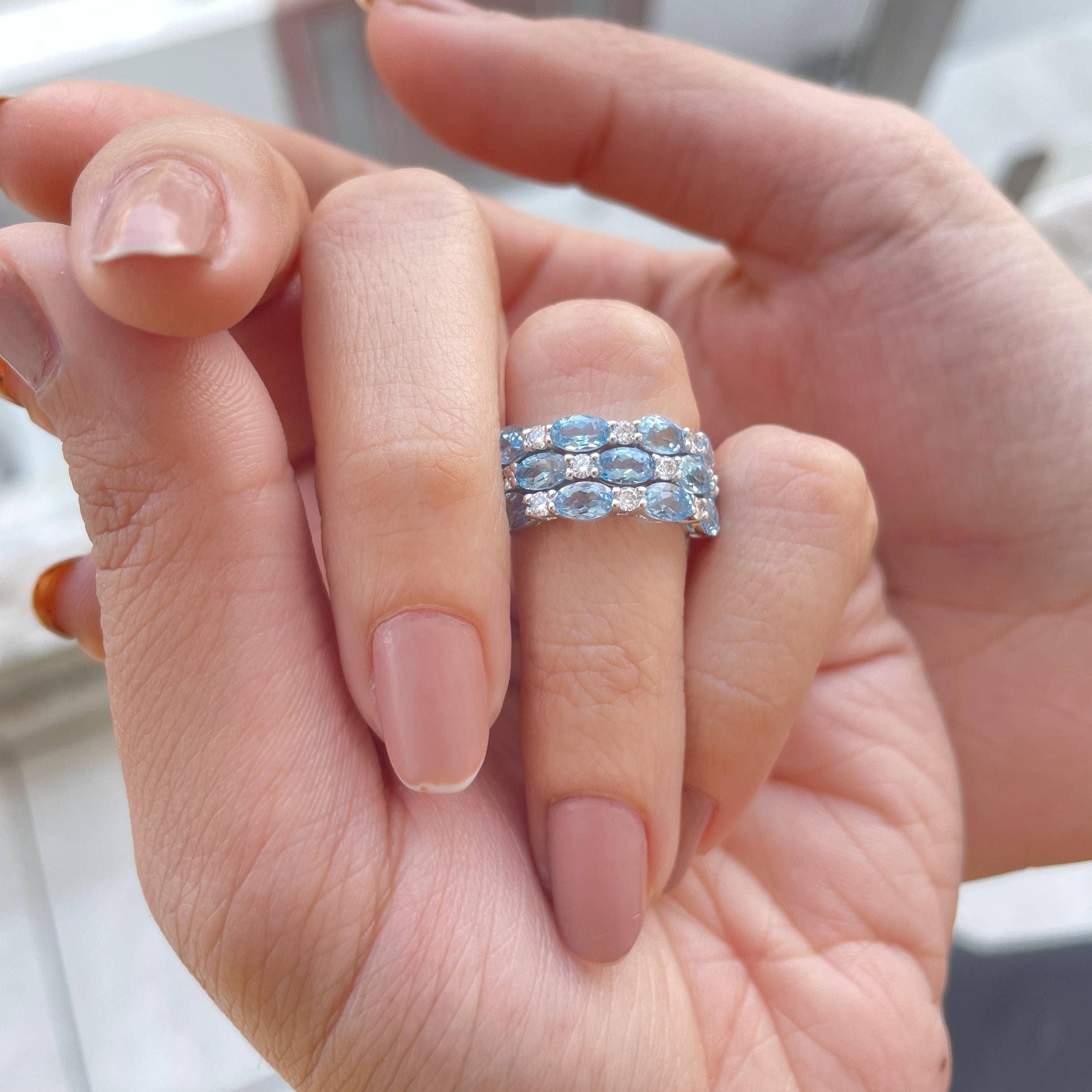 Three Row Wedding Band, 3.50 Ct Aquamarine & Diamond Ring, Thick Band