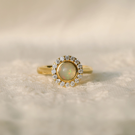 Opal Halo Ring, Engagement Classic Style Opal Promise Gold Silver Gift For Her, Idea, Gemstone Ring