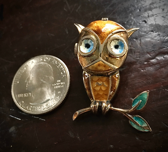 Vermeide Enameled Owl Pin Watch, Circa 1950S