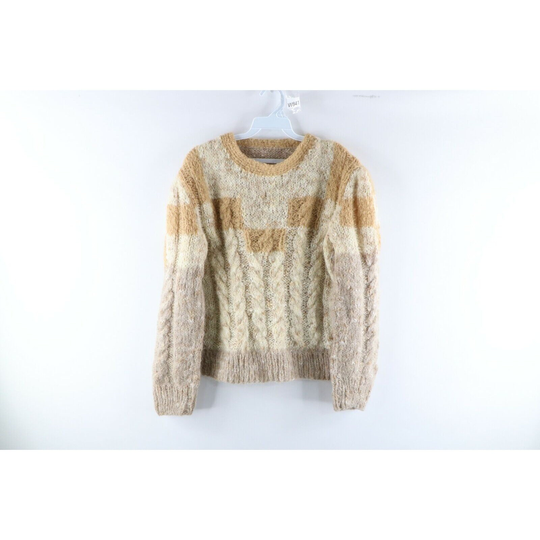 70S Rockabilly Womens Medium Wool Blend Cable Knit Checkered Sweater Tan, Sweater