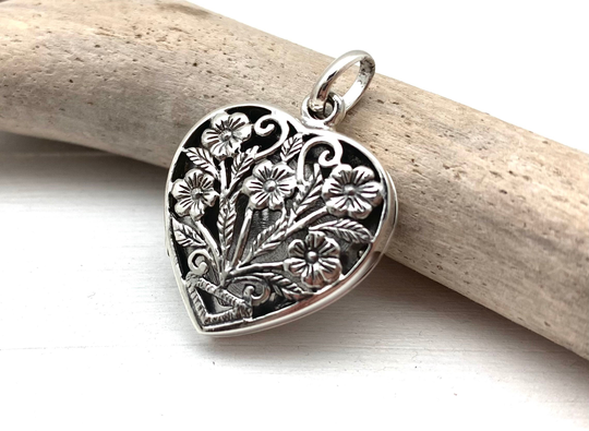Heart Locket Silver Pendant/Flower Vine Gift For Her 925 Oxidized
