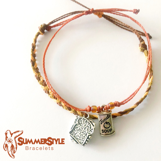 Grilled Cheese & Tomato Soup Adjustable Waterproof Bracelet Pack, Food Bracelet, Best Friend Gift, Unique Jewelry, Wax Cord