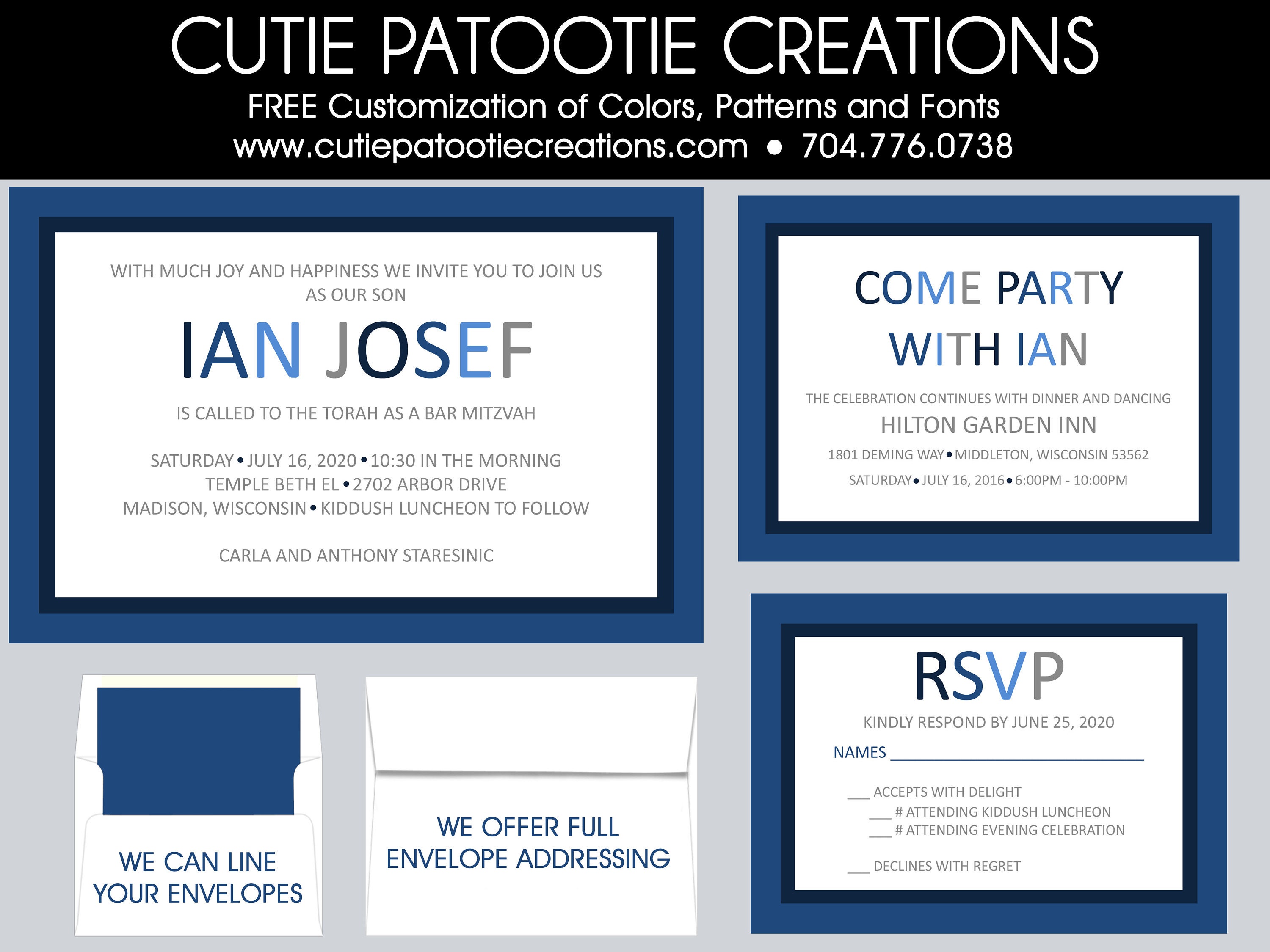 Modern Bar Mitzvah Invitations - Rsvp Reply Cards Party Card Save The Date Thank You Notes Envelope Addressing Use For Any Event
