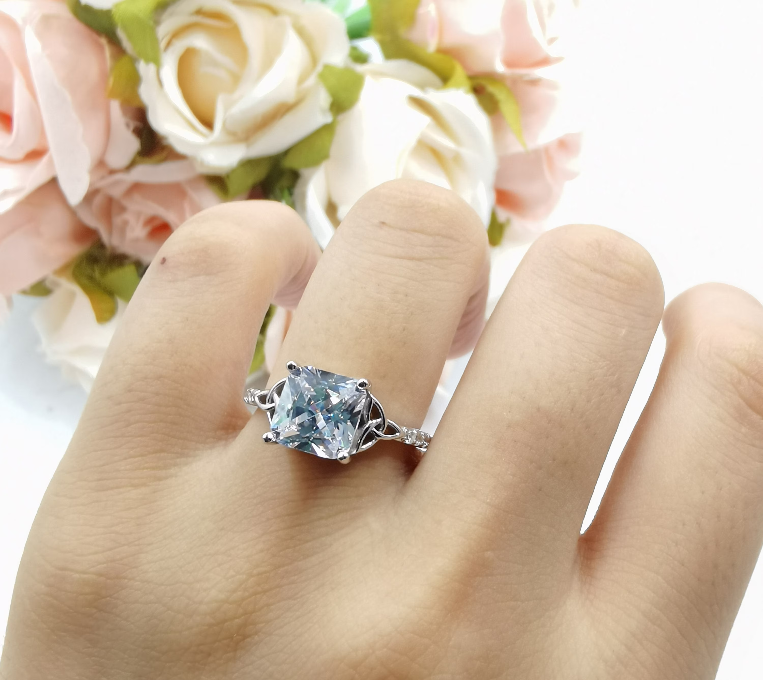 3.00 Carat Cushion Celtic Art Deco Wedding Engagement Bridal Ring Round Diamond Simulate 925 Sterling Silver Choose Center Stone Color