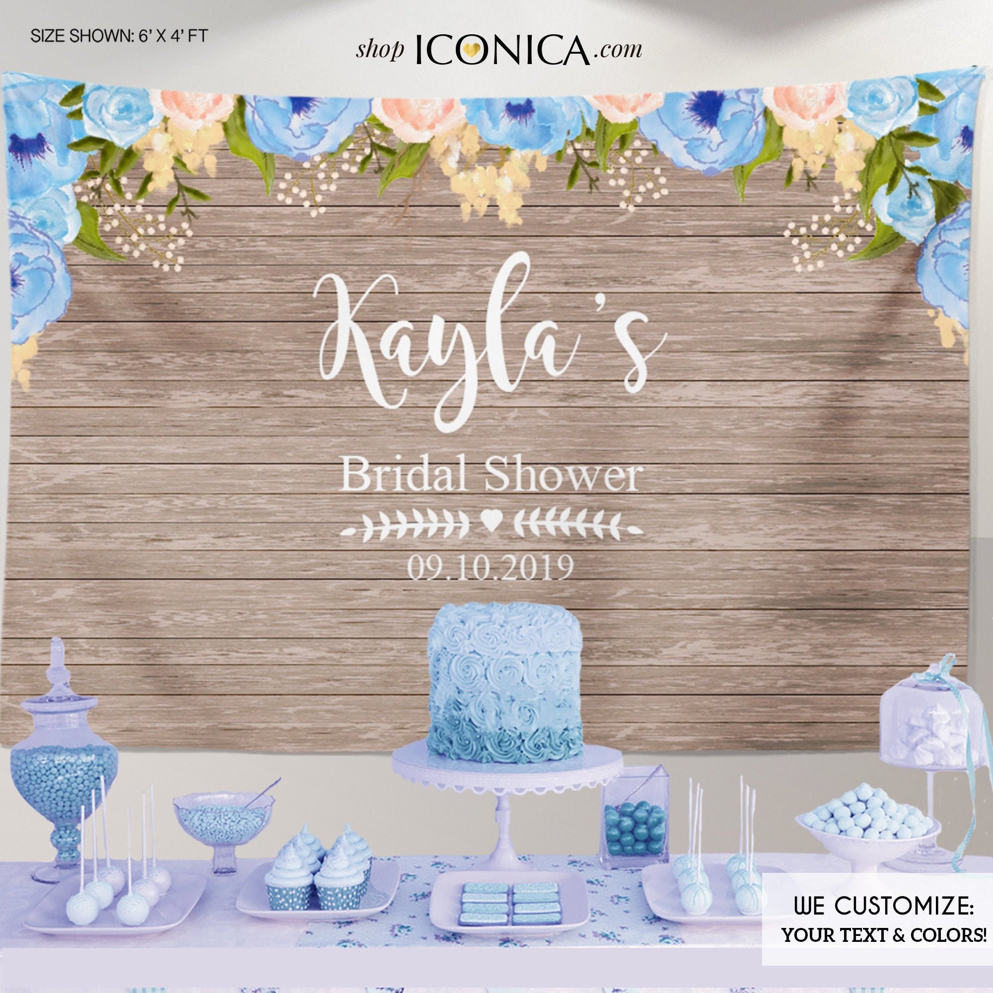Bridal Shower Backdrop Rustic Floral Dessert Table Banner, Blue Watercolor Flowers Garden Shower, Printed Or Printable Bbr0003