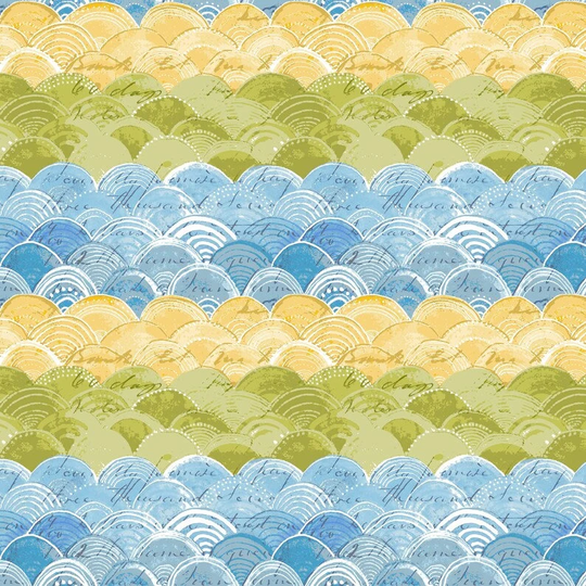 Retired Hello World Itty Bitty Waves Scallops Blue Green Yellow Blender Cori Dantini Cotton Quilt Fabric Out Of Print Oop