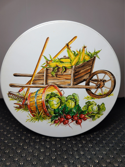 Vintage 8"x 5" "The Harvest" Tin With Simple Vegetable Soup Recipe Inside