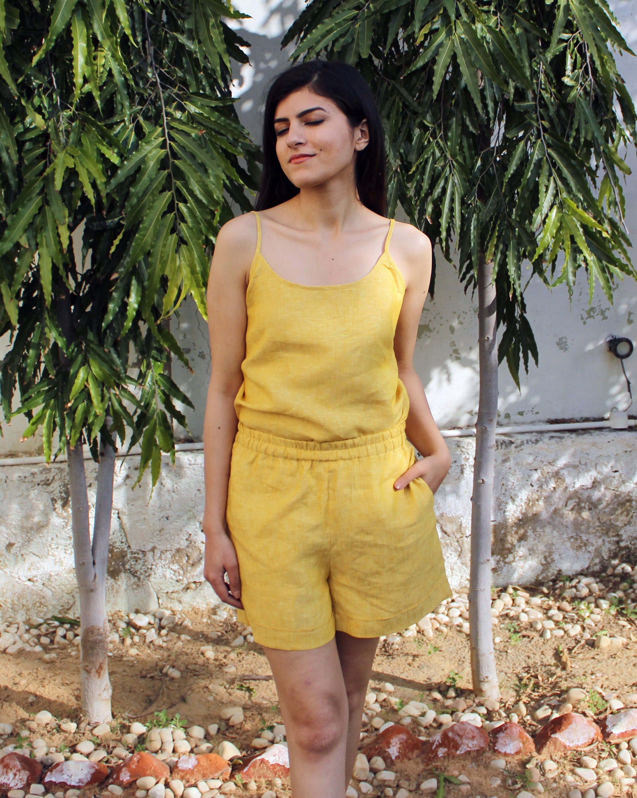 Linen Cami Top, Shorts, Pajama Set, 2 Pcs Lounge Wear, Tank Summer Camisole Washed, Organic