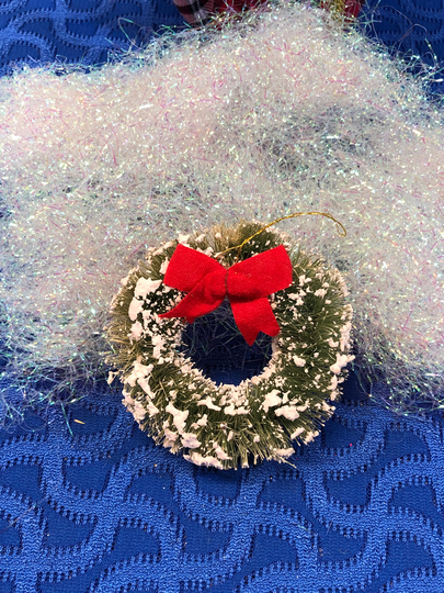 Vintage Heavily Flocked Green Wreath Christmas Ornament 3 1/2" Wide With Red Ribbon -Christmas Ornament, Wreath Ornament