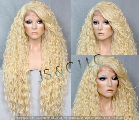 38" Extra Long Human Hair Blend Full Lace Front Wig With Beautiful Spiral Waves & Feathered Bangs Heat Safe Pale Bleach Blonde Ok