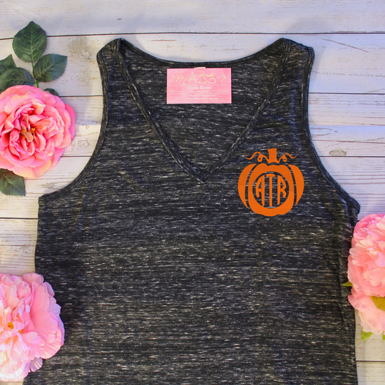 Embroidered Pumpkin Monogram Tank Top | Fall V-Neck T-Shirt/Initials Monogrammed Thanksgiving Halloween Shirt Jackolantern
