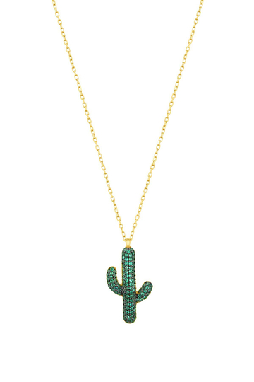 Green Stone Cactus Silver Necklace, Circle Tiny Charm Gifts For Friends
