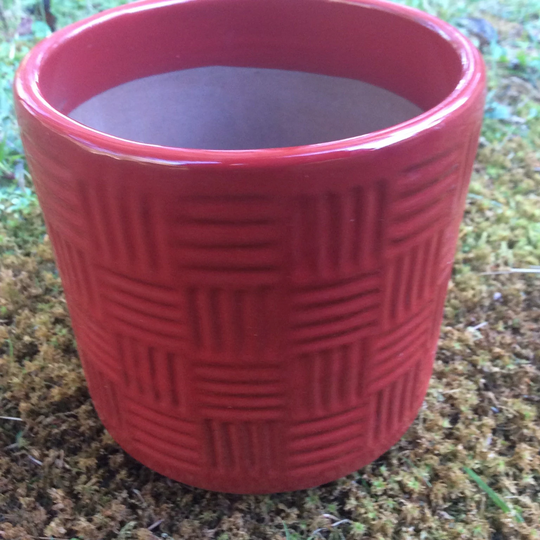 Mid Century Checked Planter, Studio Pottery Textured Planter, Small Red Mcm Planter Signed