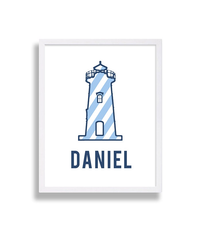 Nautical Nursery Decor Lighthouse Art Baby Boy Print Stripes Blue Preppy Beach 8x10