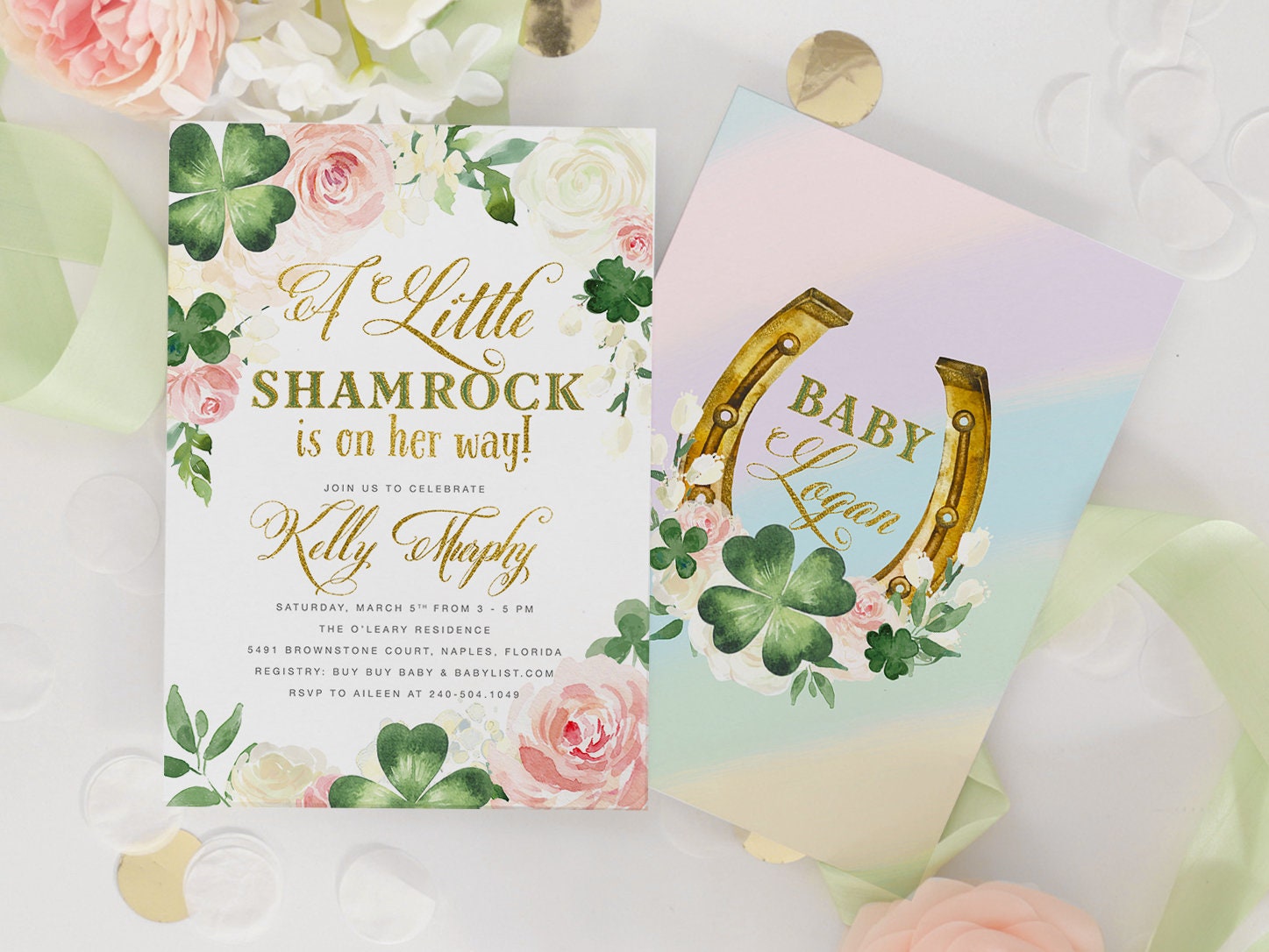 Girl Shamrock Baby Shower Invitation, St. Patrick's Day Invite, St Patty's Shower, Four Leaf Clover, Rainbow - Kelly