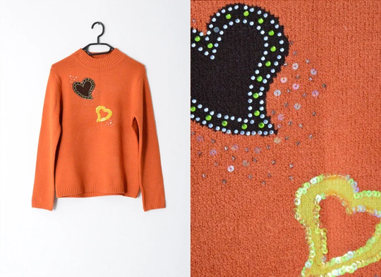 Vintage 90S Rustic Orange Heart Mock Neck Wool Blend Jumper Womens Sweater Size M