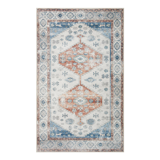 Blue and Rust Distressed Persian Style Washable Area Rug - Polyester - 5' x 7' by World Market
