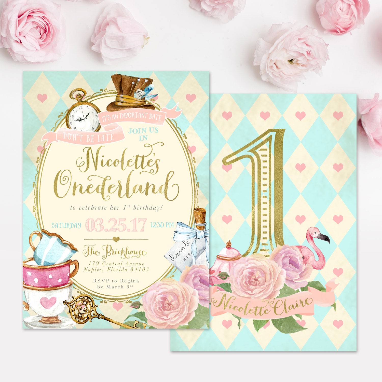 Alice in Wonderland | Onederland Girl's 1st Birthday Party Invitation - First Birthday, Any Age Girl Invite, Mad Tea Invite