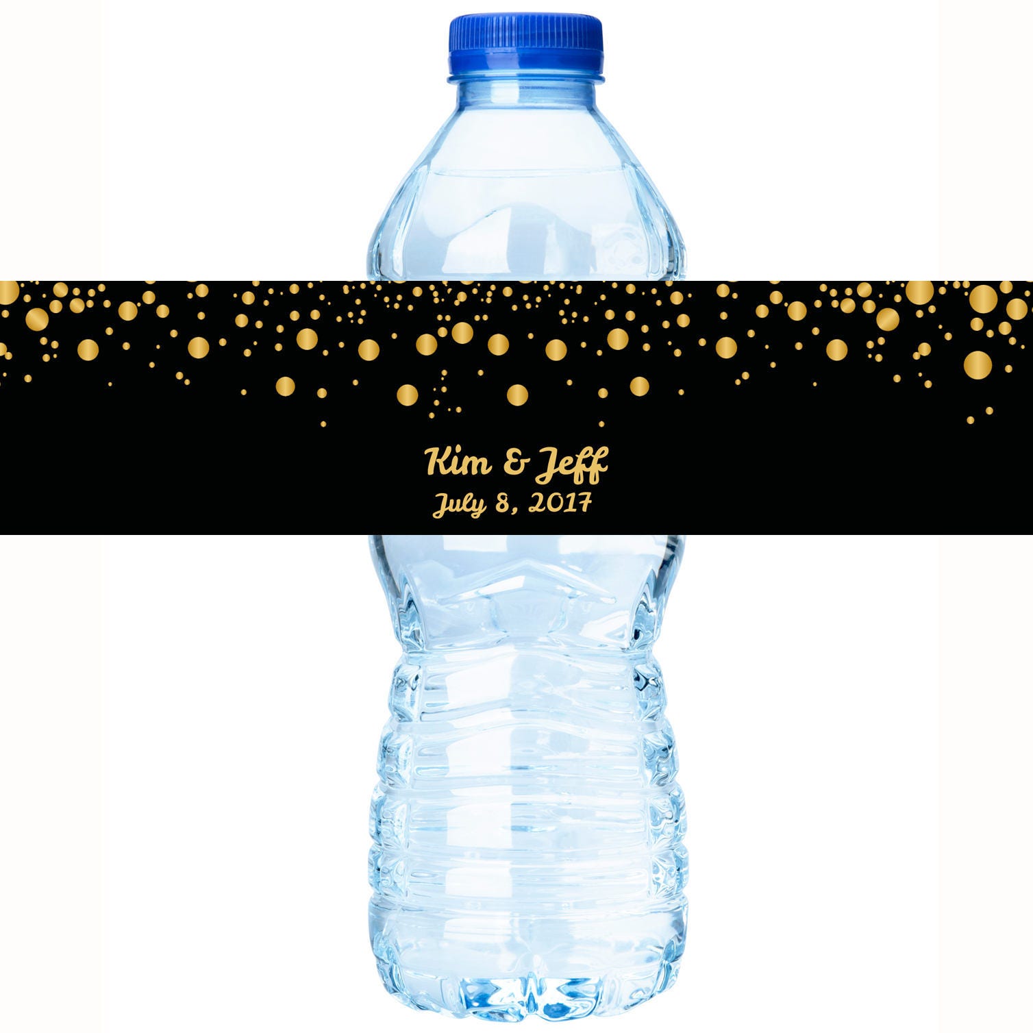 30 Wedding Water Bottle Labels, Personalized Gold Confetti On Black Welcome Bag