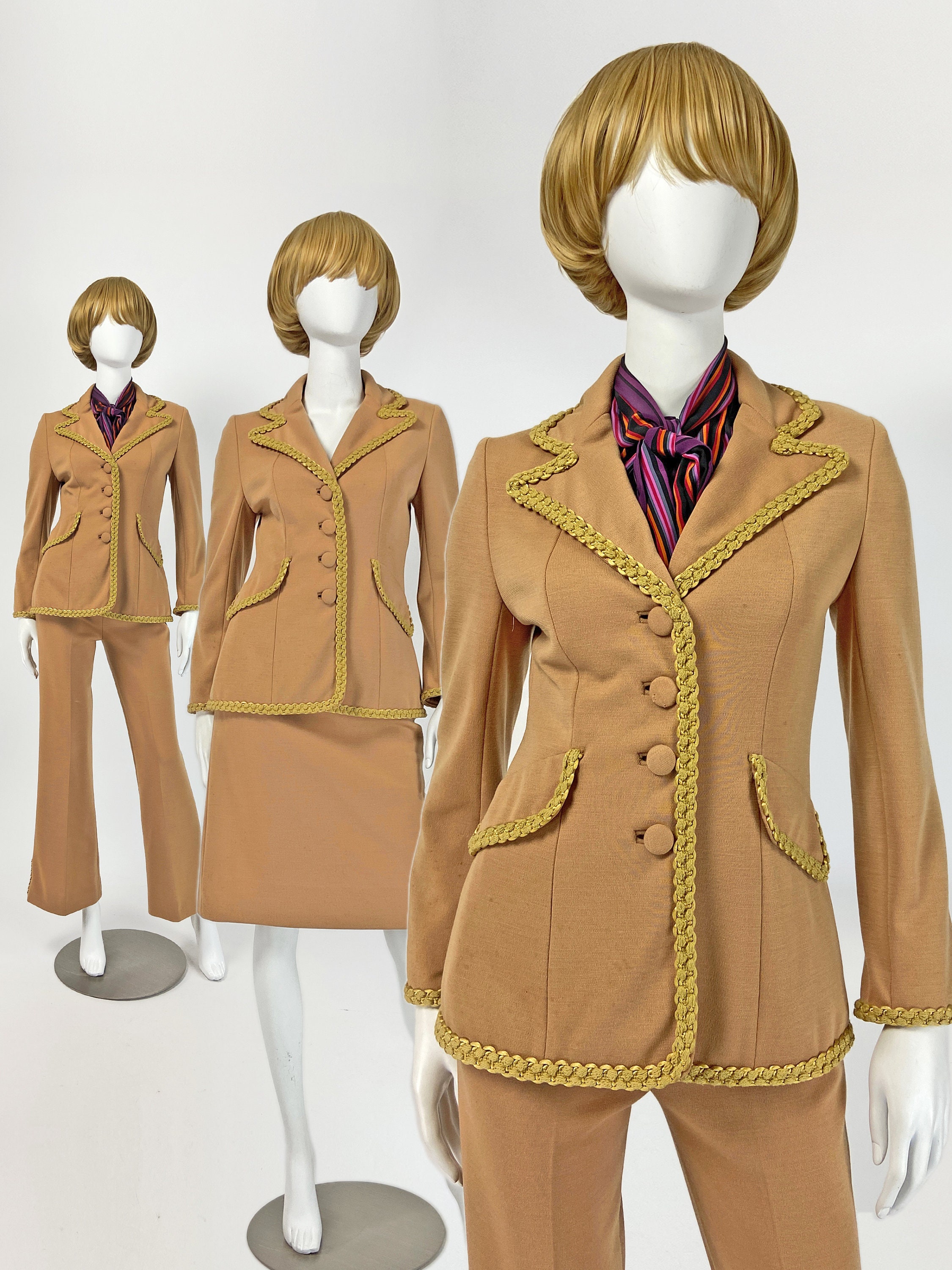 Vintage 60S Lilli Ann Suit, Mod Pantsuit, Skirt 3 Piece Bell Bottoms, Knit, Xs Small Size 2 4 Us, 6 8 Uk Y160