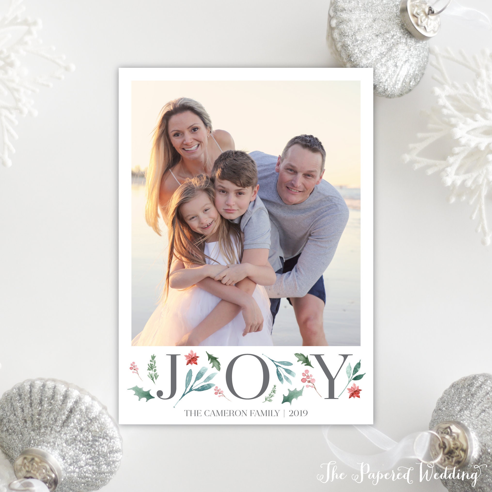 Printable Or Printed Picture Christmas Cards With Joy - Red & Green Joy Holiday Greenery Berries Photo 097 P1
