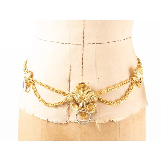 Vintage Lucien Piccard Door Knocker Gold Chain Belt Necklace/1970S Greek God Ammon
