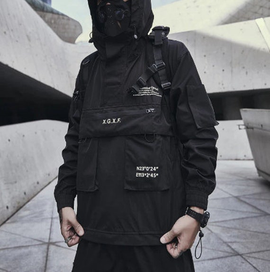 Techwear Black Cargo Streetwear Tactical Multi-Pocket Hooded Windbreaker Male Coat