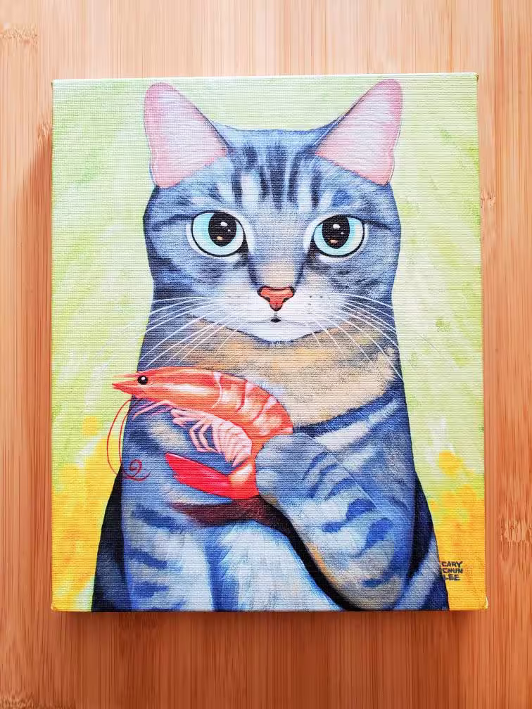 Gray Tabby & Shrimp Cat Art Canvas Print