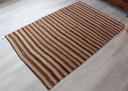 4'5"x6'7" Feet Brown, Pale Pink Kilim Rug, Striped Bohemian Ethnic Brown Kilim, Handwoven Rug/N-435