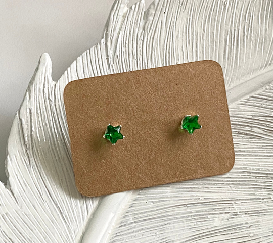 Star Studs. Green Silver Stud Earrings. 925 Silver Earrings. 4mm Cz Unisex. Birthstone
