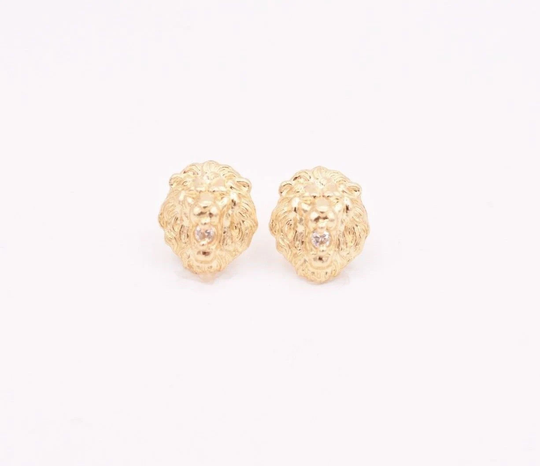 Small Roaring Lion Head Cz Stud Earrings Real Solid 10K Yellow Gold 1.40 Grams
