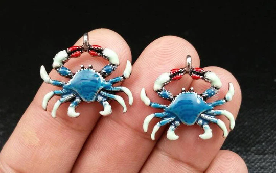 Blue Crab Charm Silver Enamel Pendants Lover's Seafood Beach Earrings Bracelet Anklet Yoga Mala Necklace Gift