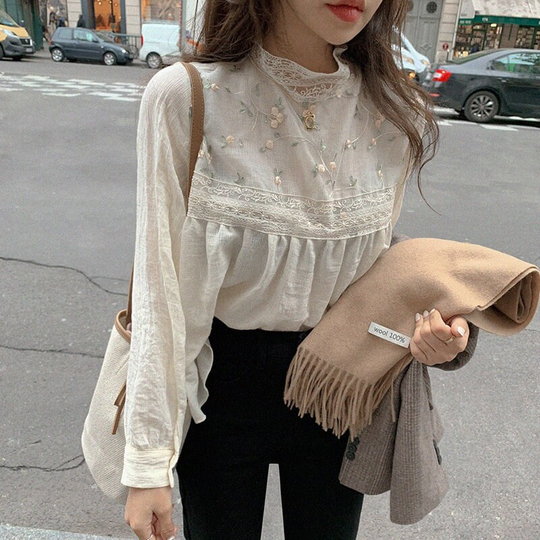 Floral Mesh Blouse/Sheer Embroidered Light Academia Clothing For Women