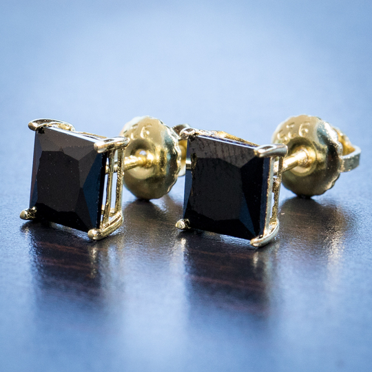 Yellow Gold Princess Cut Black Onyx Stud Screw Back Earrings